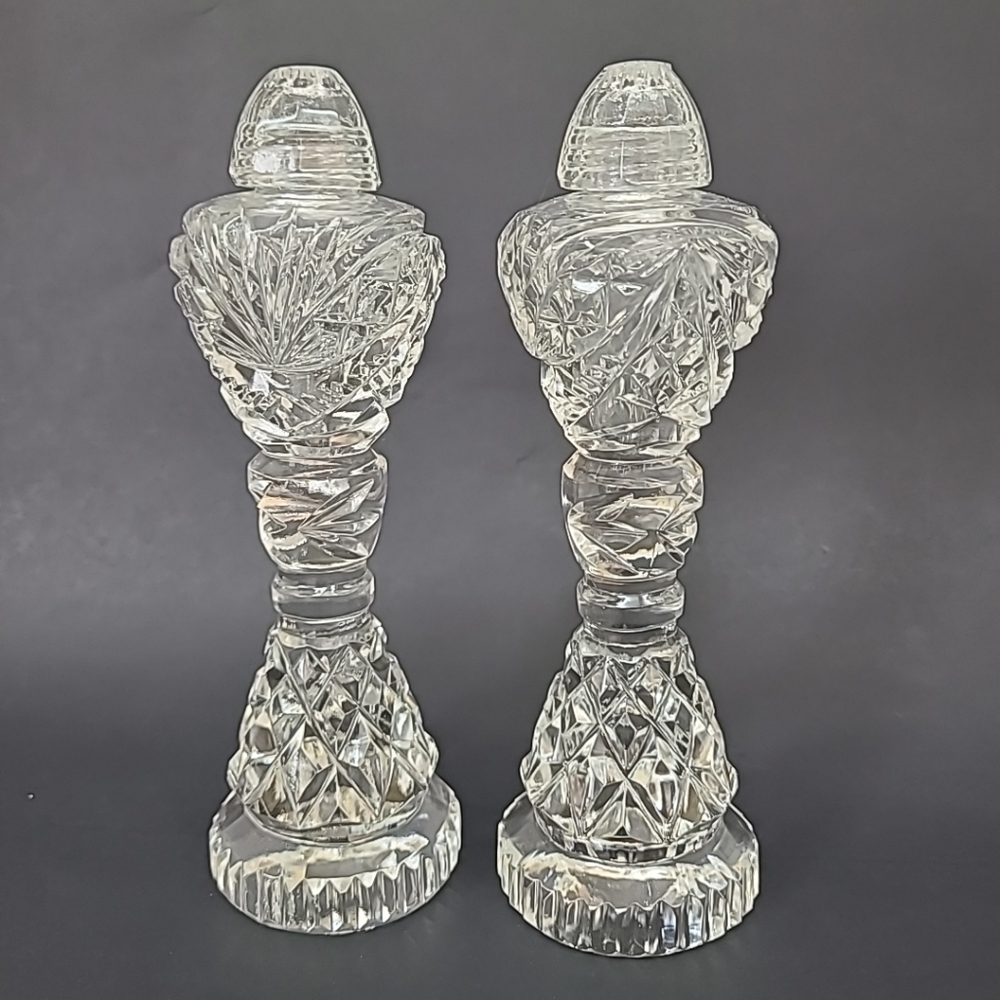 Vintage Crystal Clear Glass Pedestal Salt & Pepper Shakers 6.75" Tall